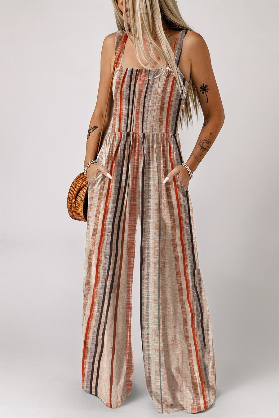 Stripe Square Neck Sleeveless Smocked Bodice Wide Leg Jumpsuit