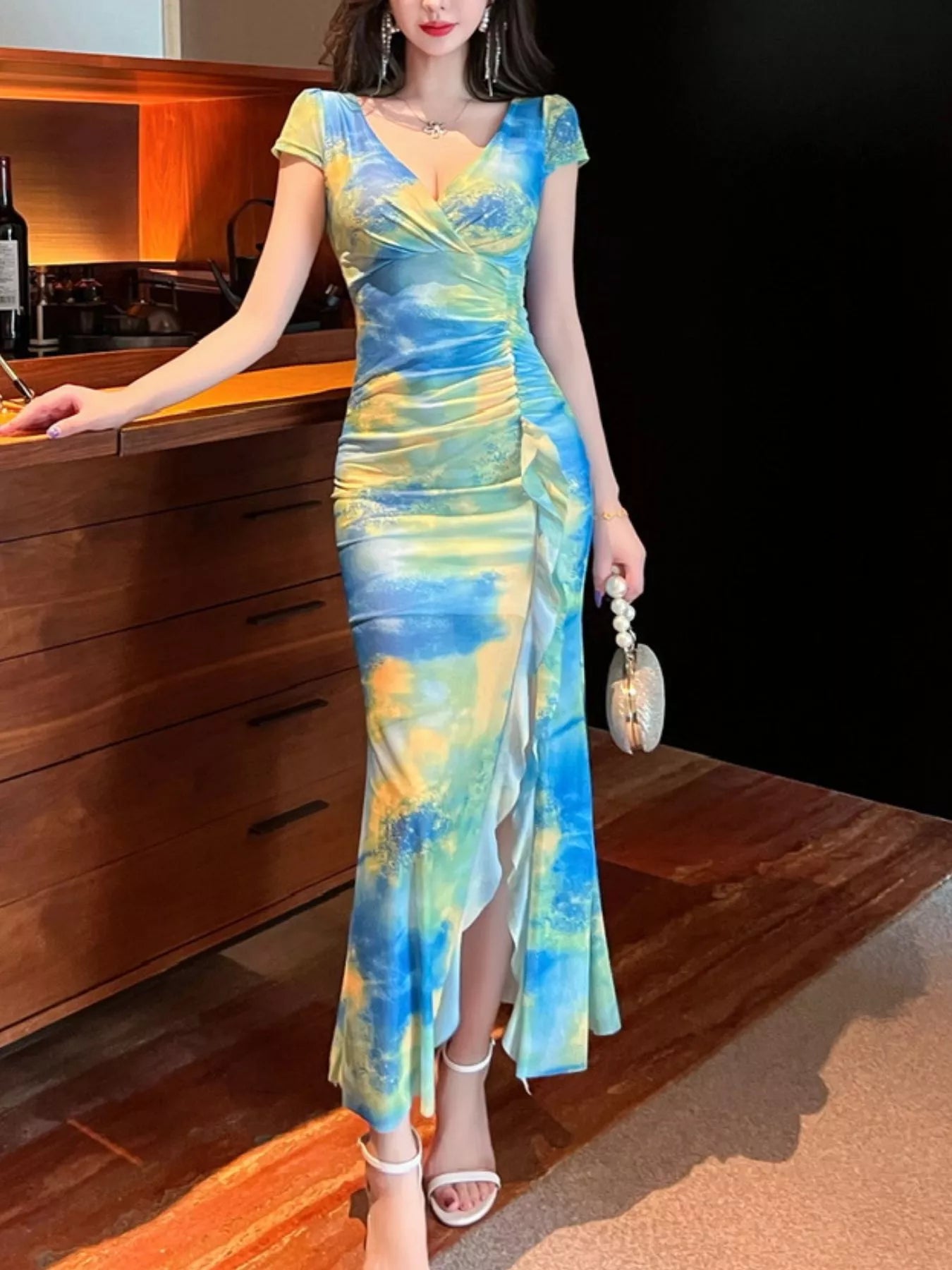 Tie-Dye Surplice Ruffle Slit Dress