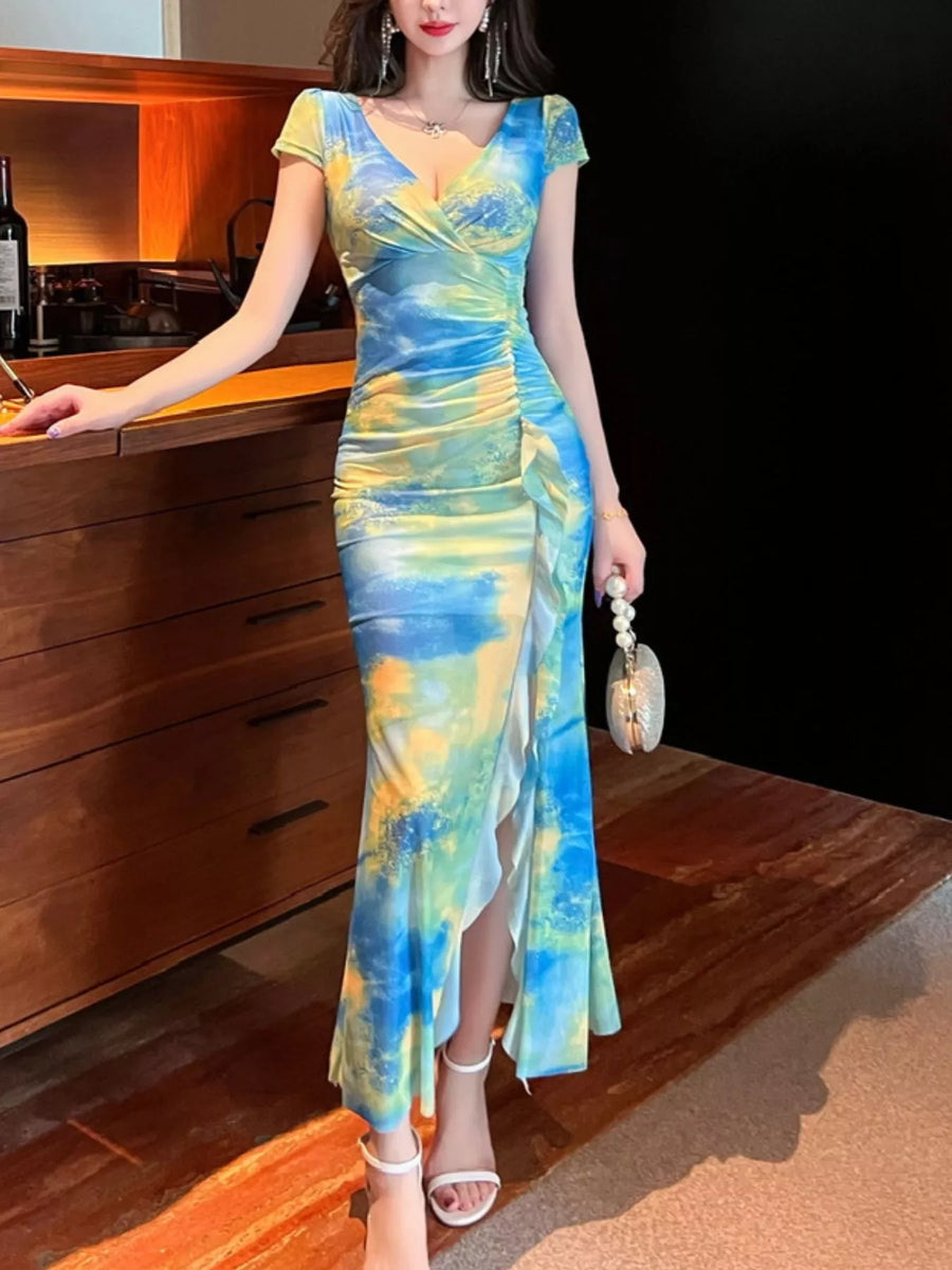 Tie-Dye Surplice Ruffle Slit Dress