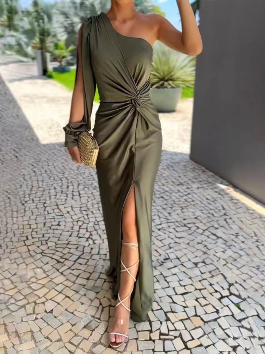 Full Size One-Shoulder Knot Detail Slit Maxi Dress Plus Size