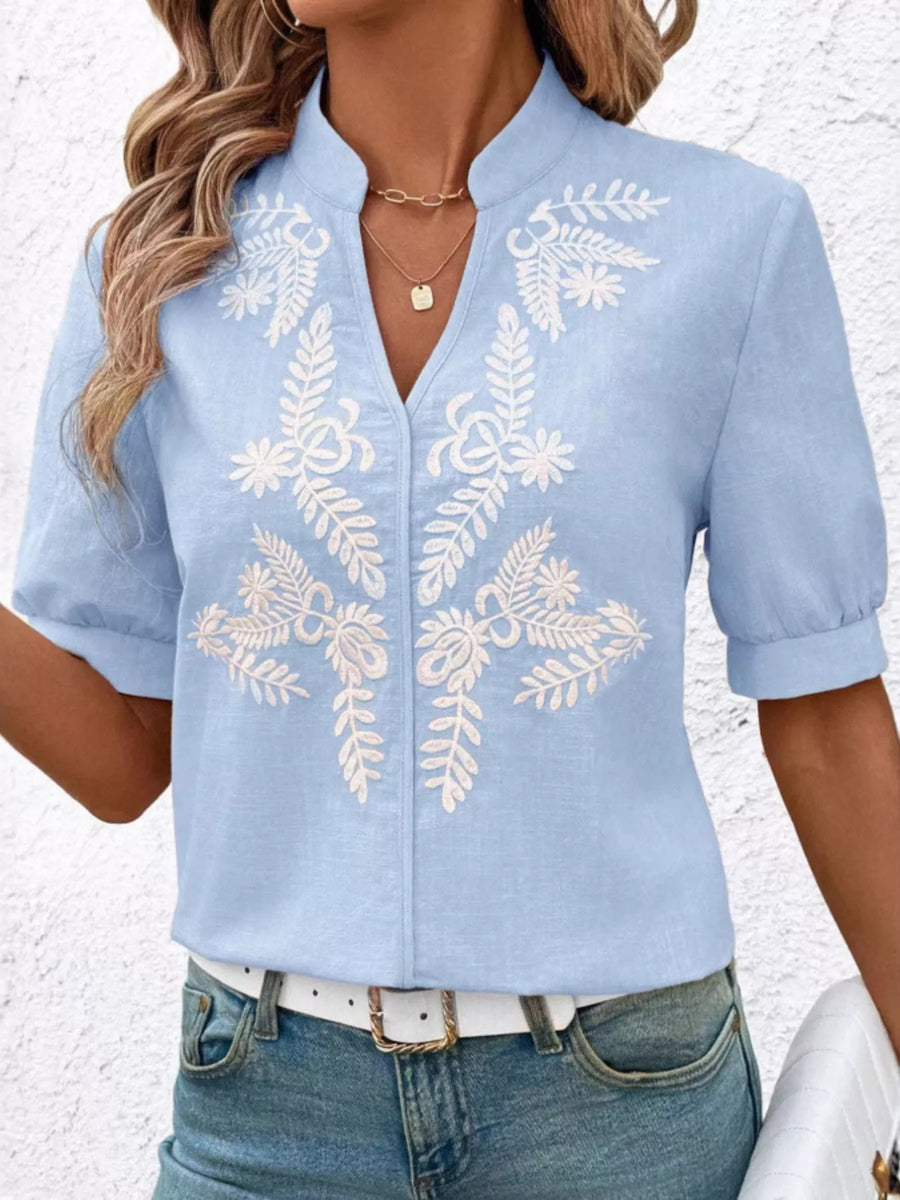 Embroidered Notched Short Sleeve Blouse