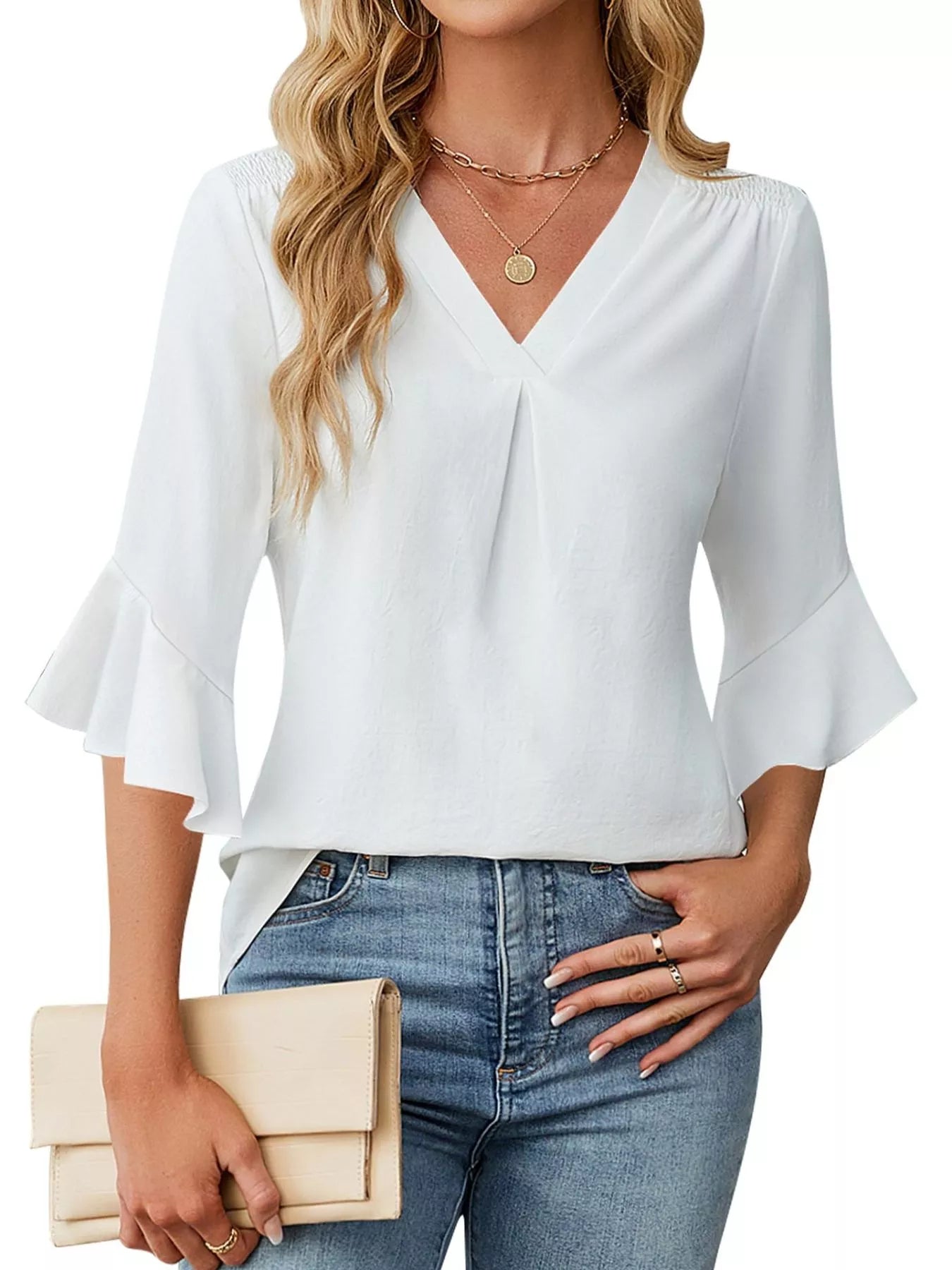 V-Neck Ruffle Sleeve Blouse