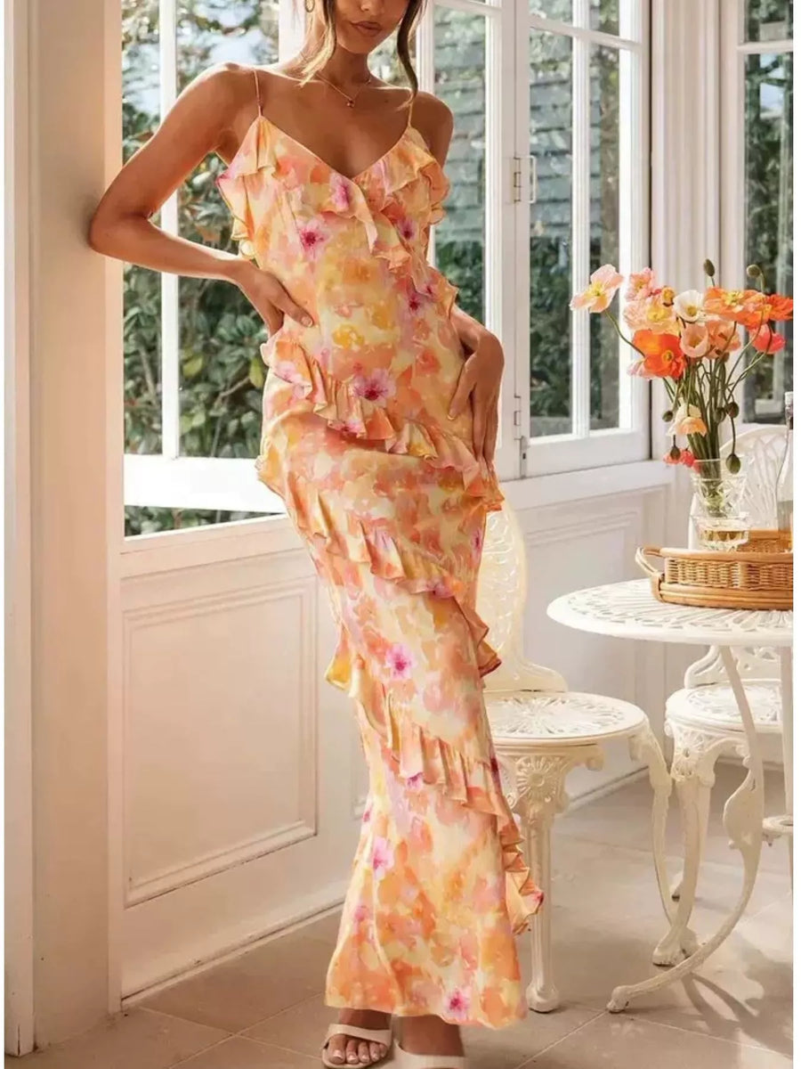 Floral Print Ruffle Trim Spaghetti Strap Maxi Dress